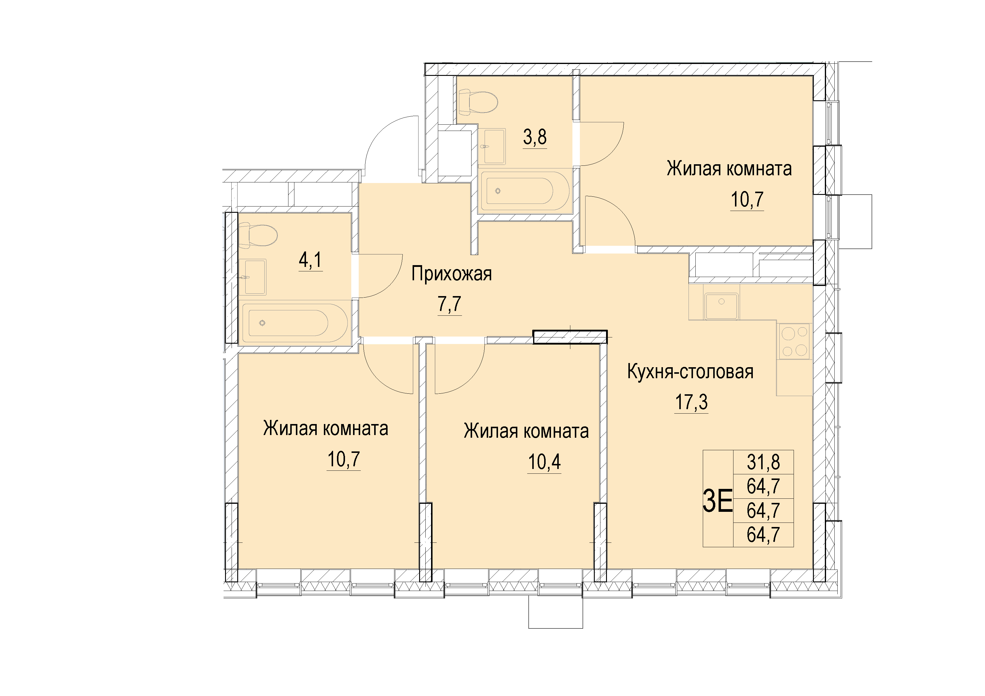 3 комн. квартира, 64.7 м², 6 этаж 