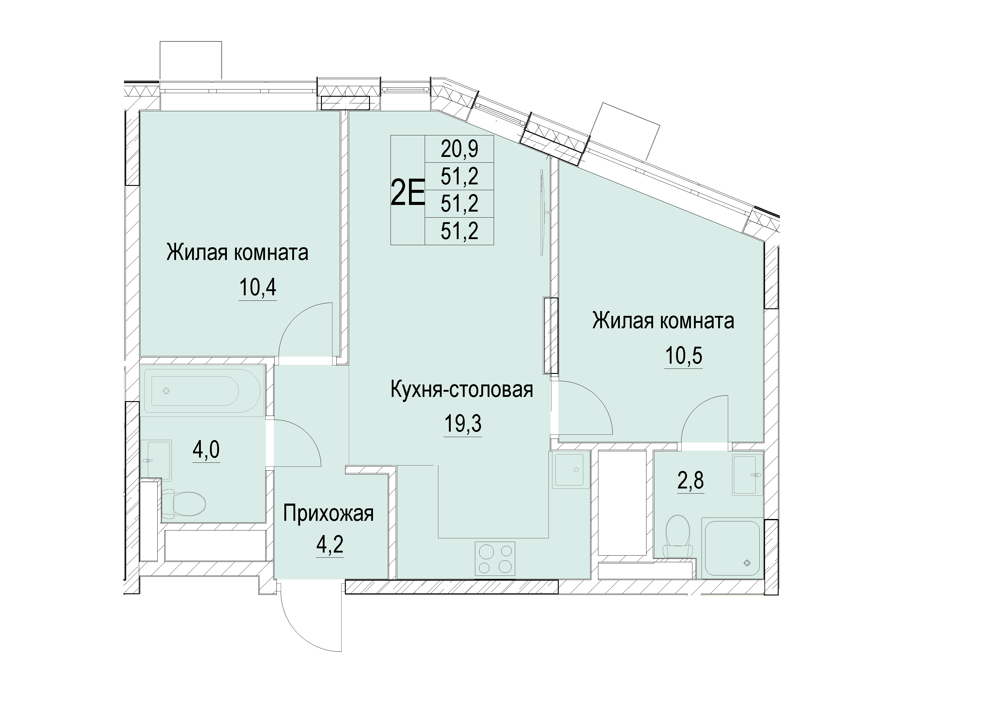 2 комн. квартира, 51.2 м², 14 этаж 