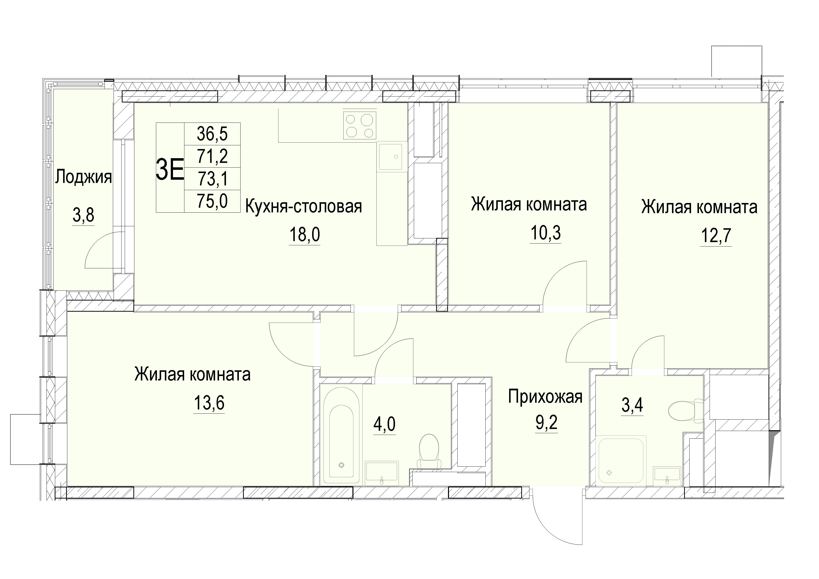 3 комн. квартира, 73.1 м², 13 этаж 