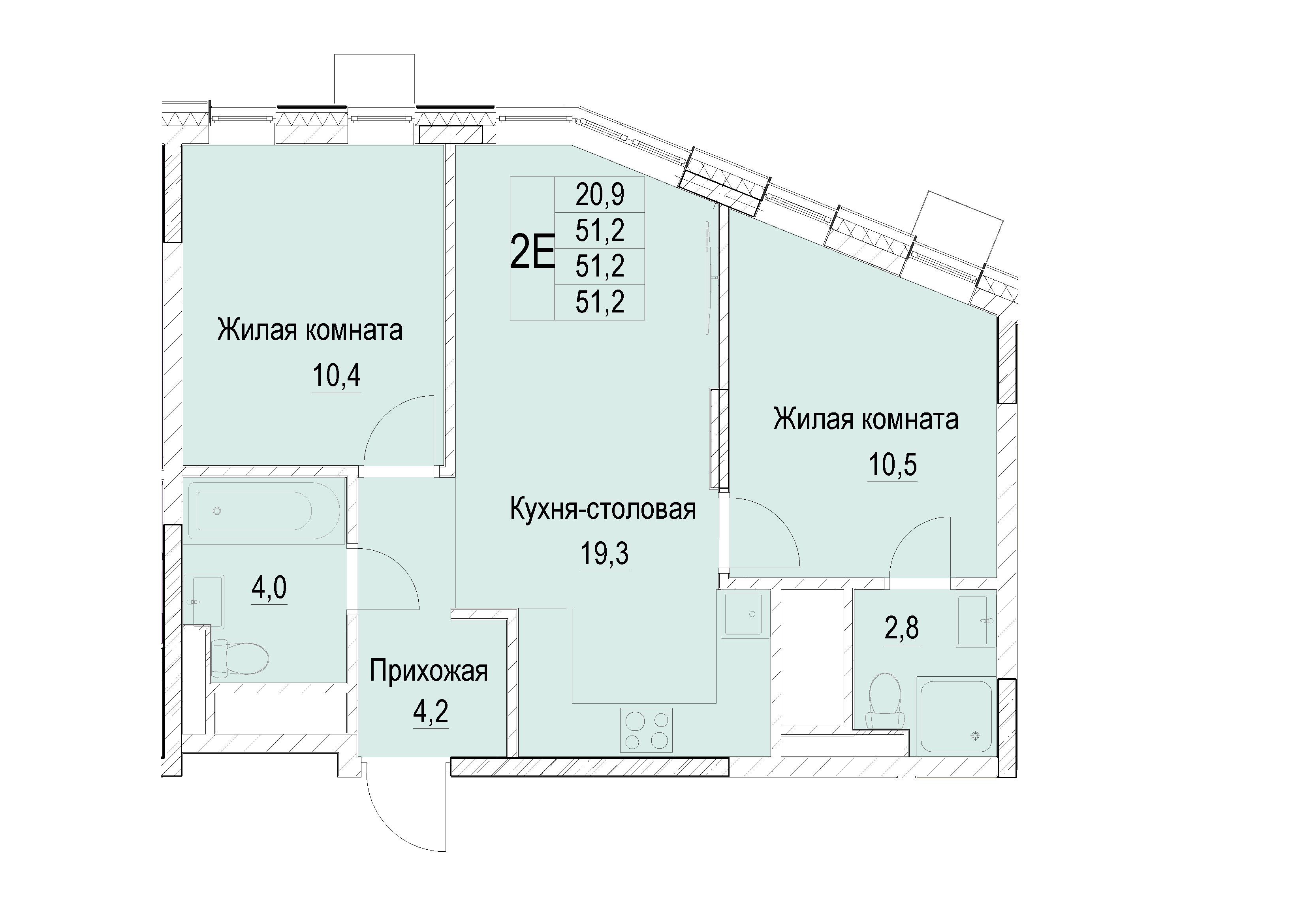 2 комн. квартира, 51.2 м², 13 этаж 