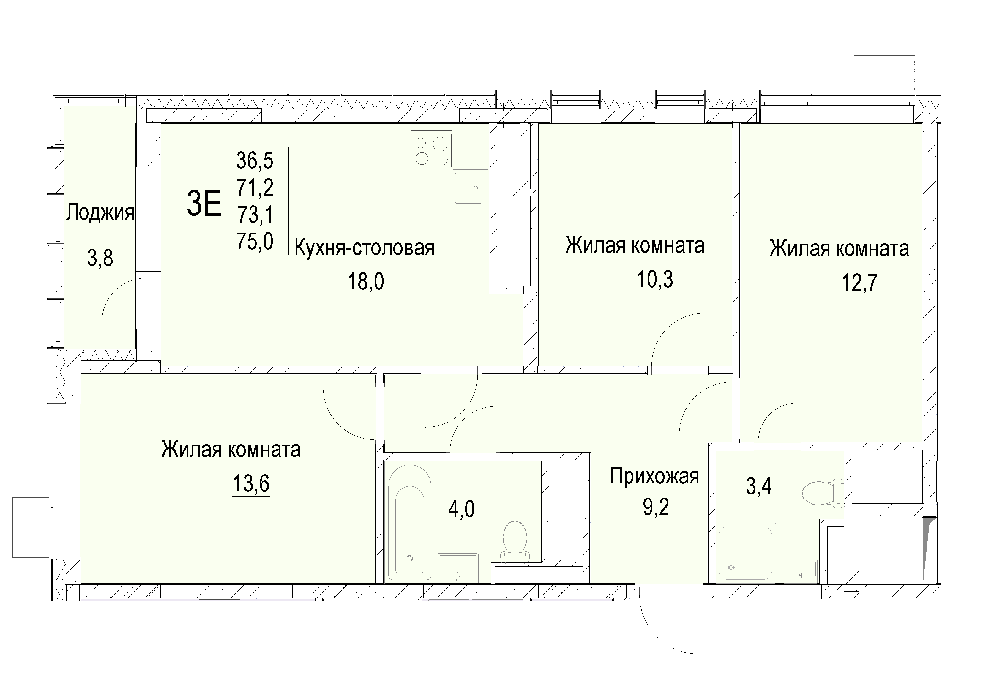 3 комн. квартира, 73.1 м², 12 этаж 