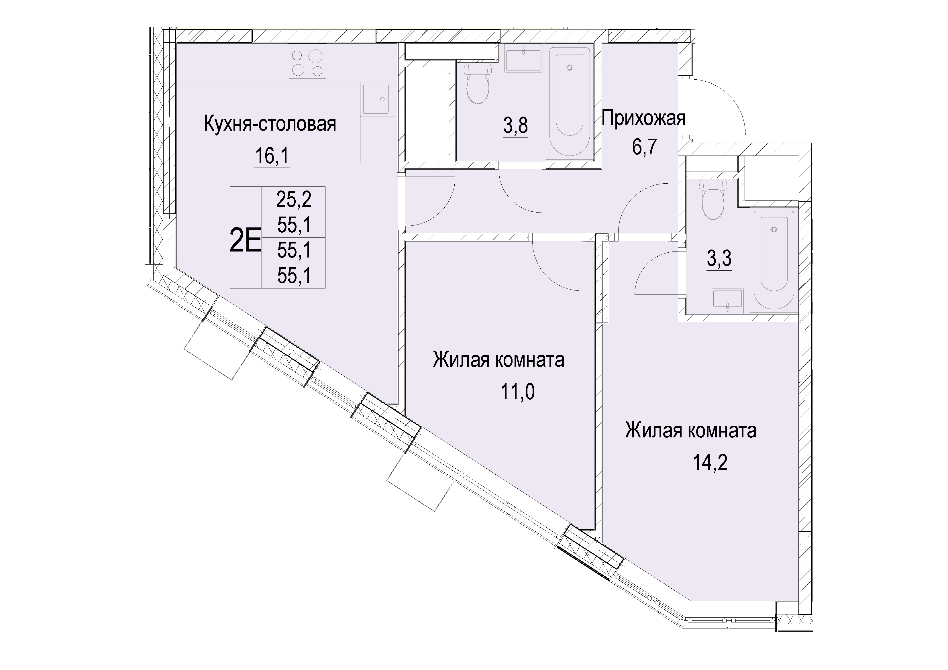 2 комн. квартира, 55.1 м², 12 этаж 