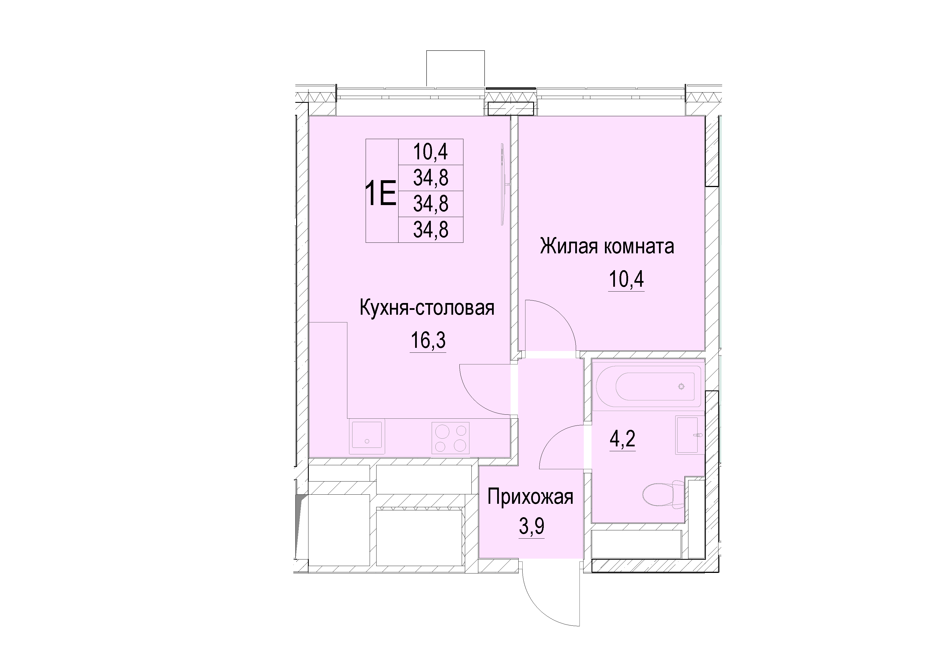 1 комн. квартира, 34.8 м², 12 этаж 