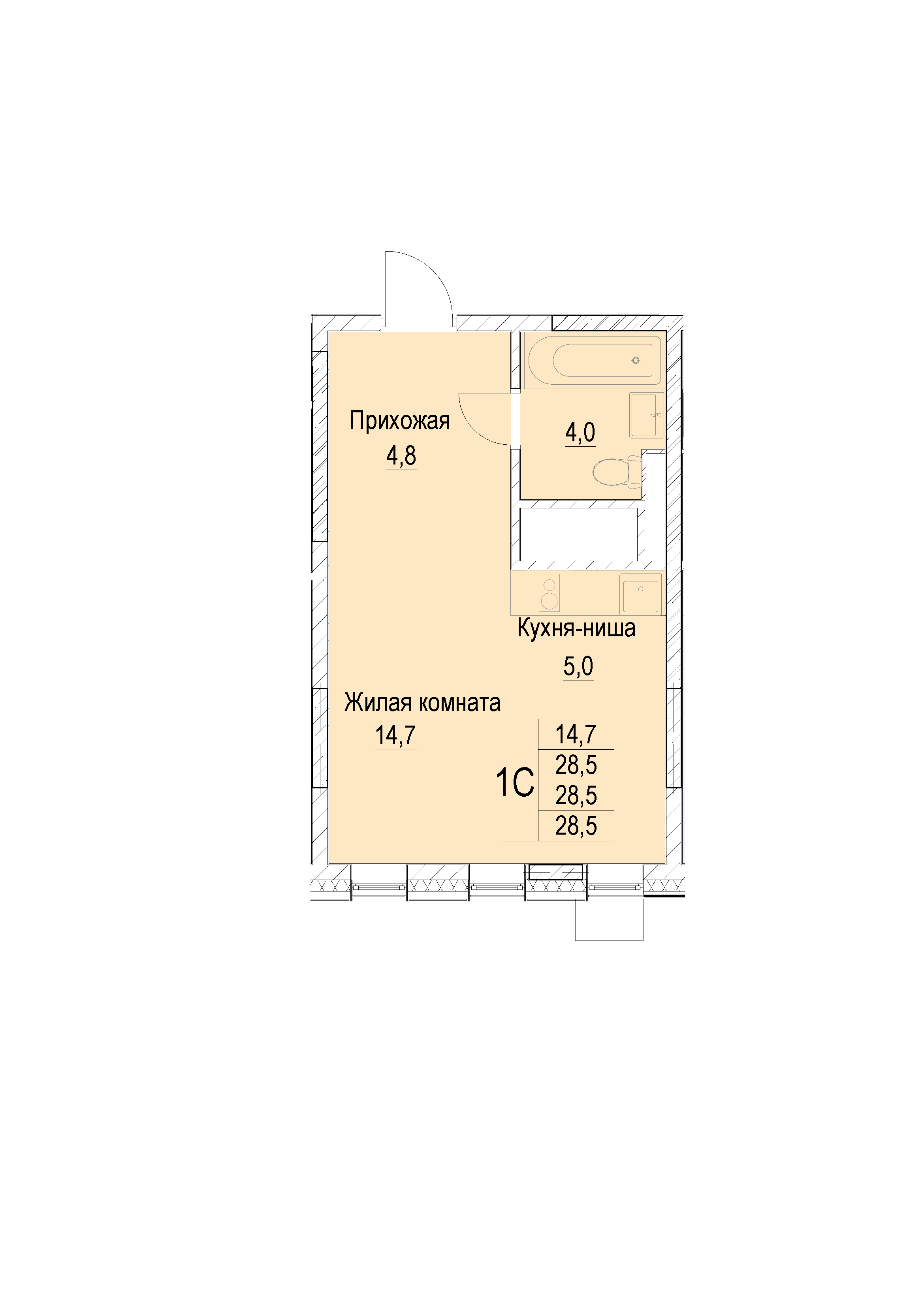 1 комн. квартира, 28.5 м², 11 этаж 