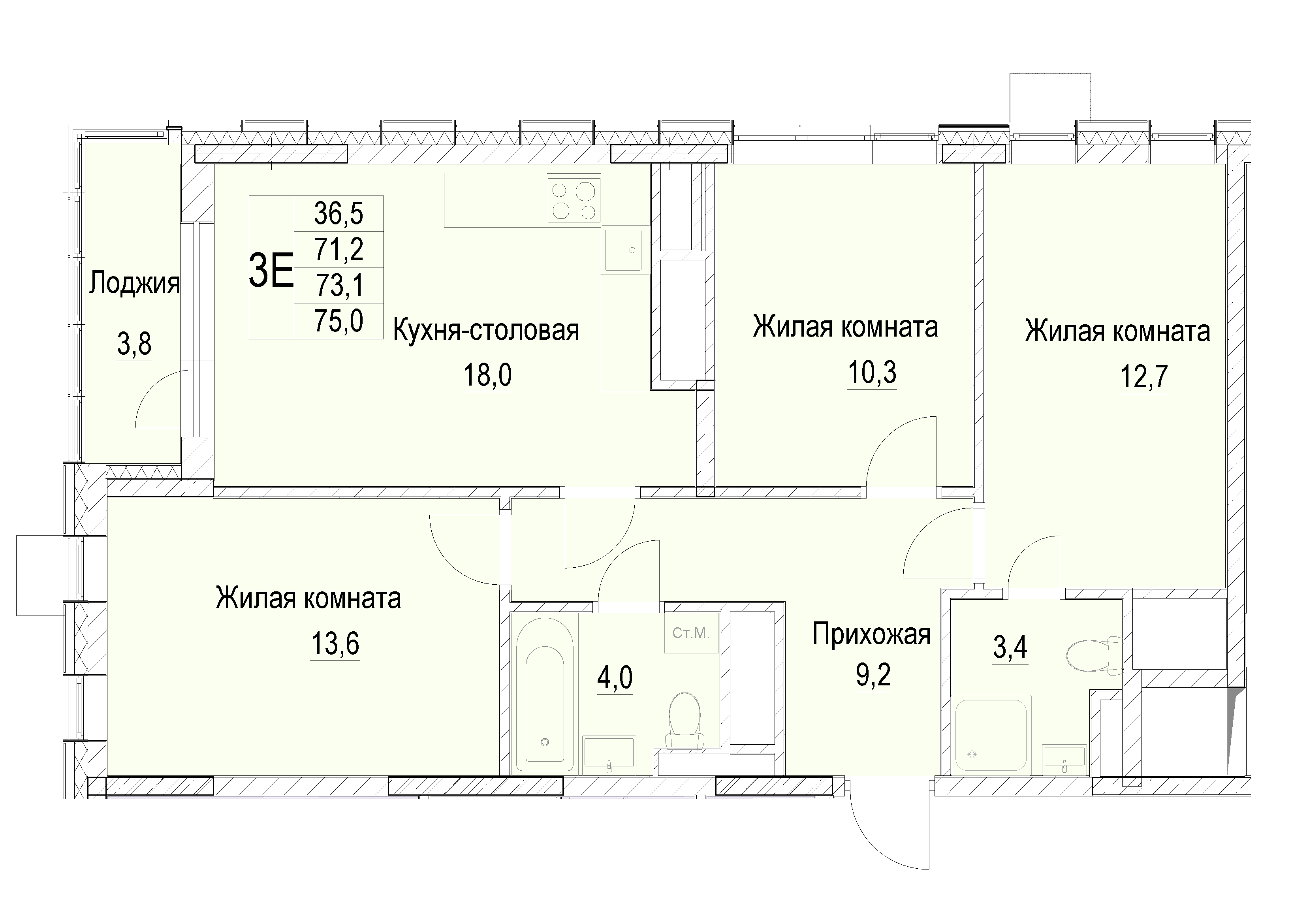 3 комн. квартира, 73.1 м², 10 этаж 