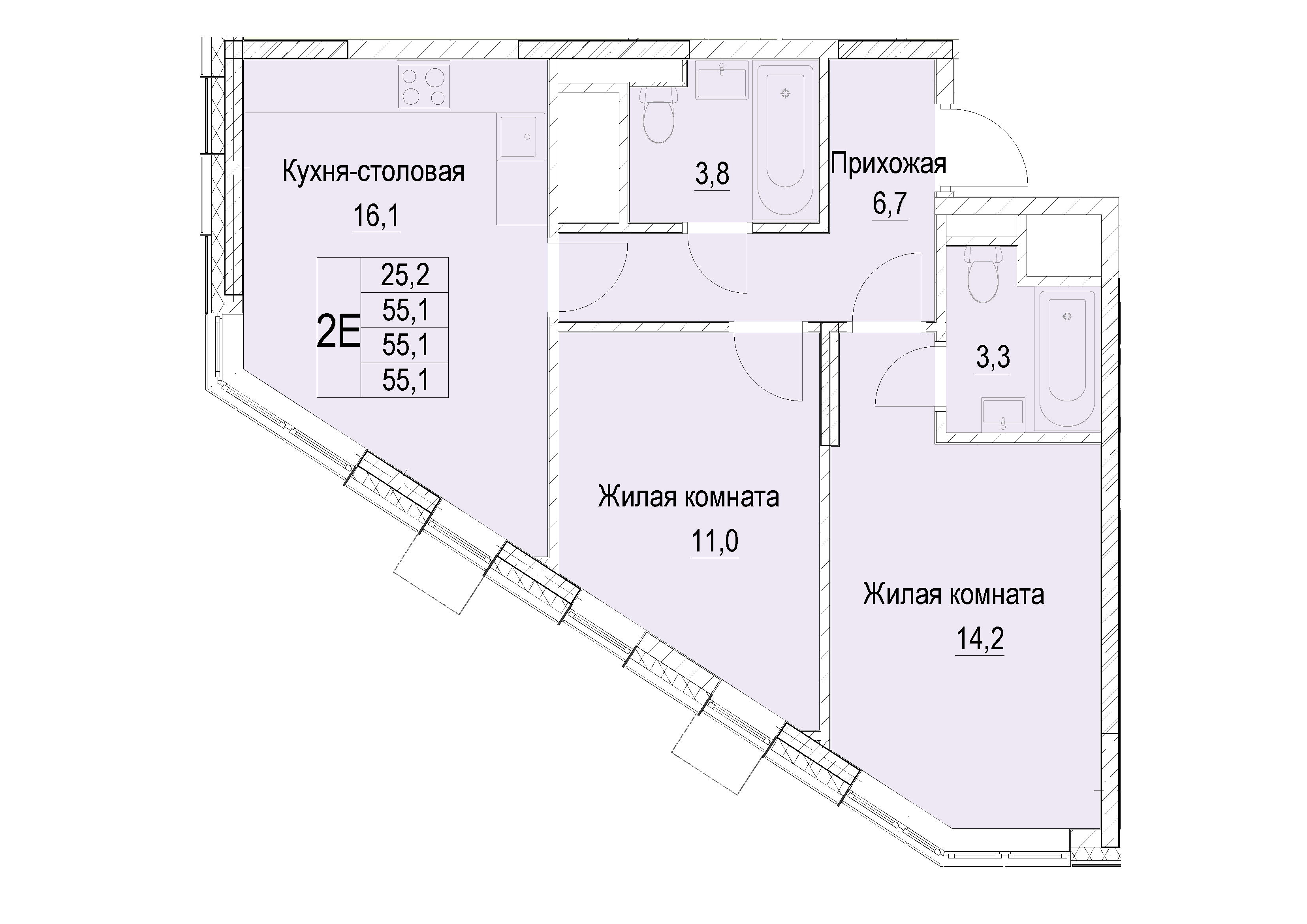 2 комн. квартира, 55.1 м², 10 этаж 