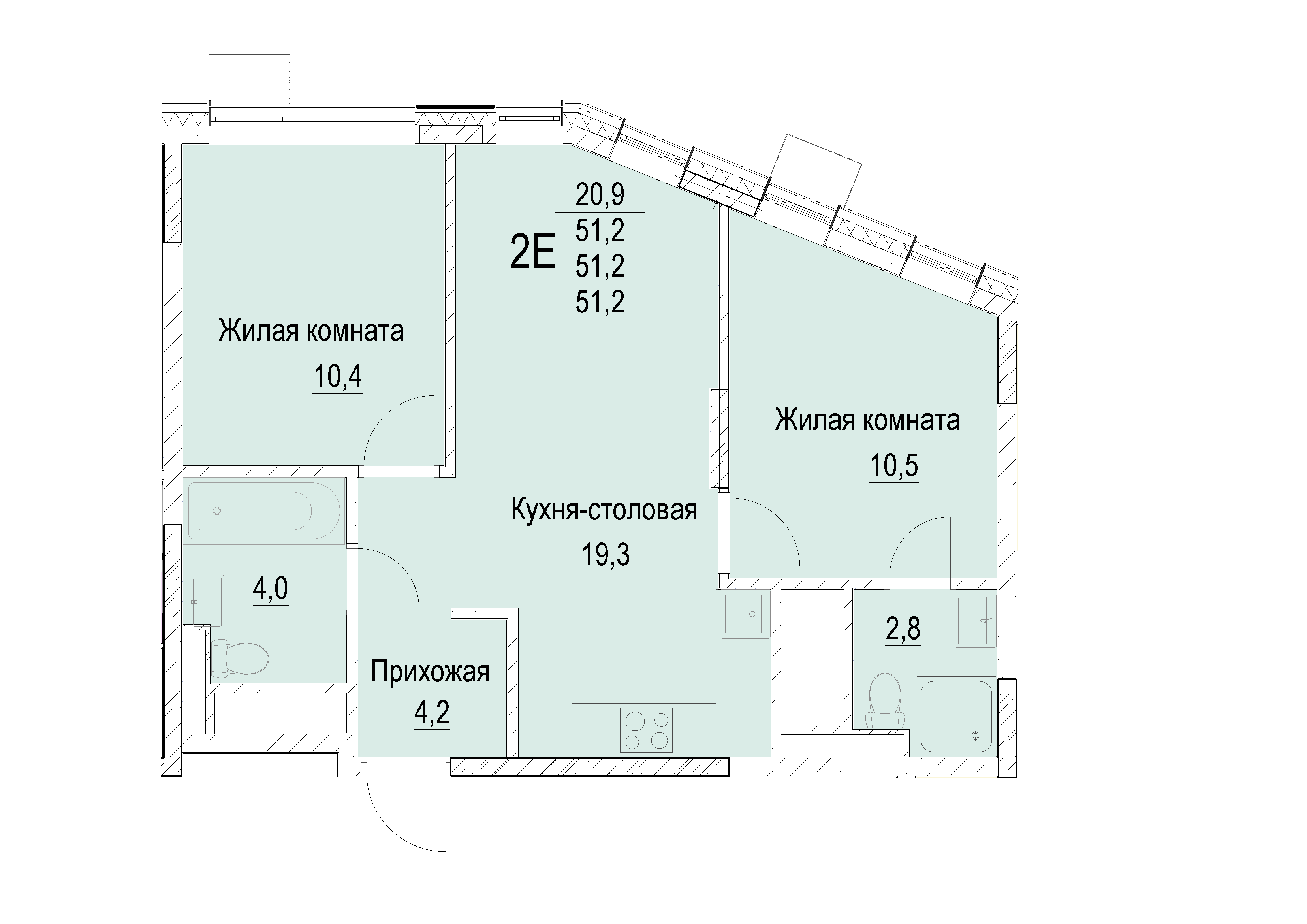 2 комн. квартира, 51.2 м², 10 этаж 