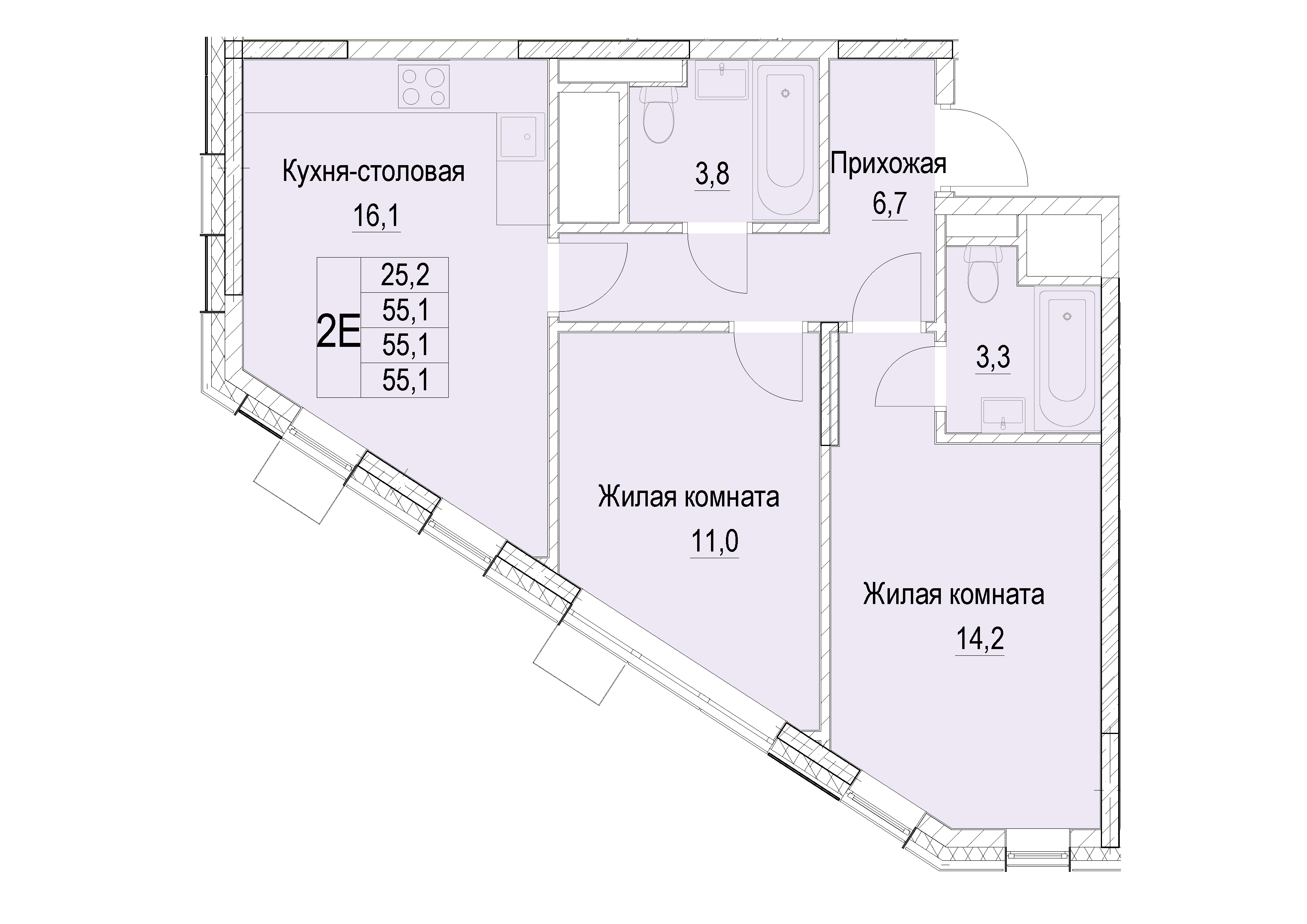 2 комн. квартира, 55.1 м², 9 этаж 