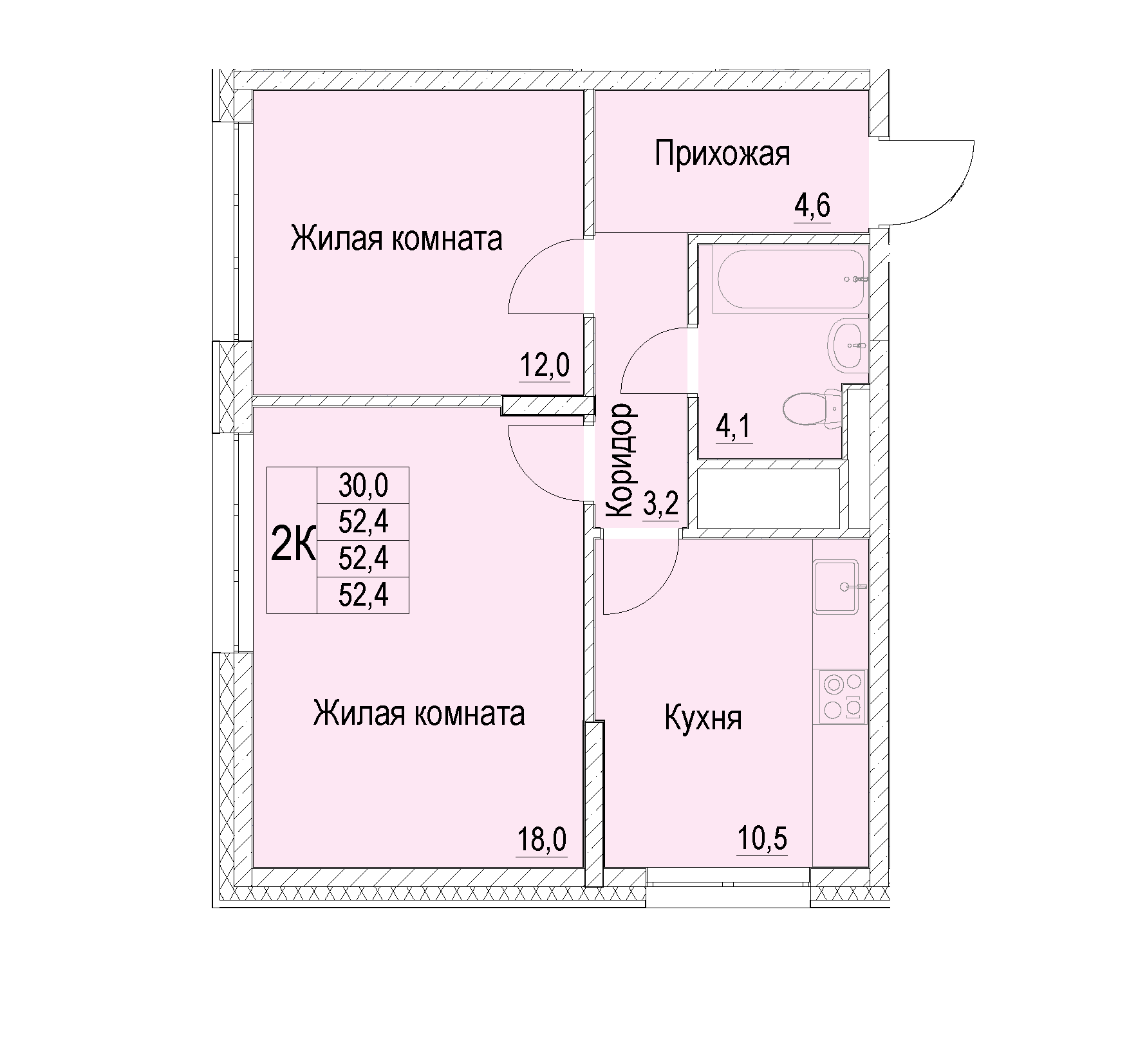 2 комн. квартира, 52.4 м², 22 этаж 
