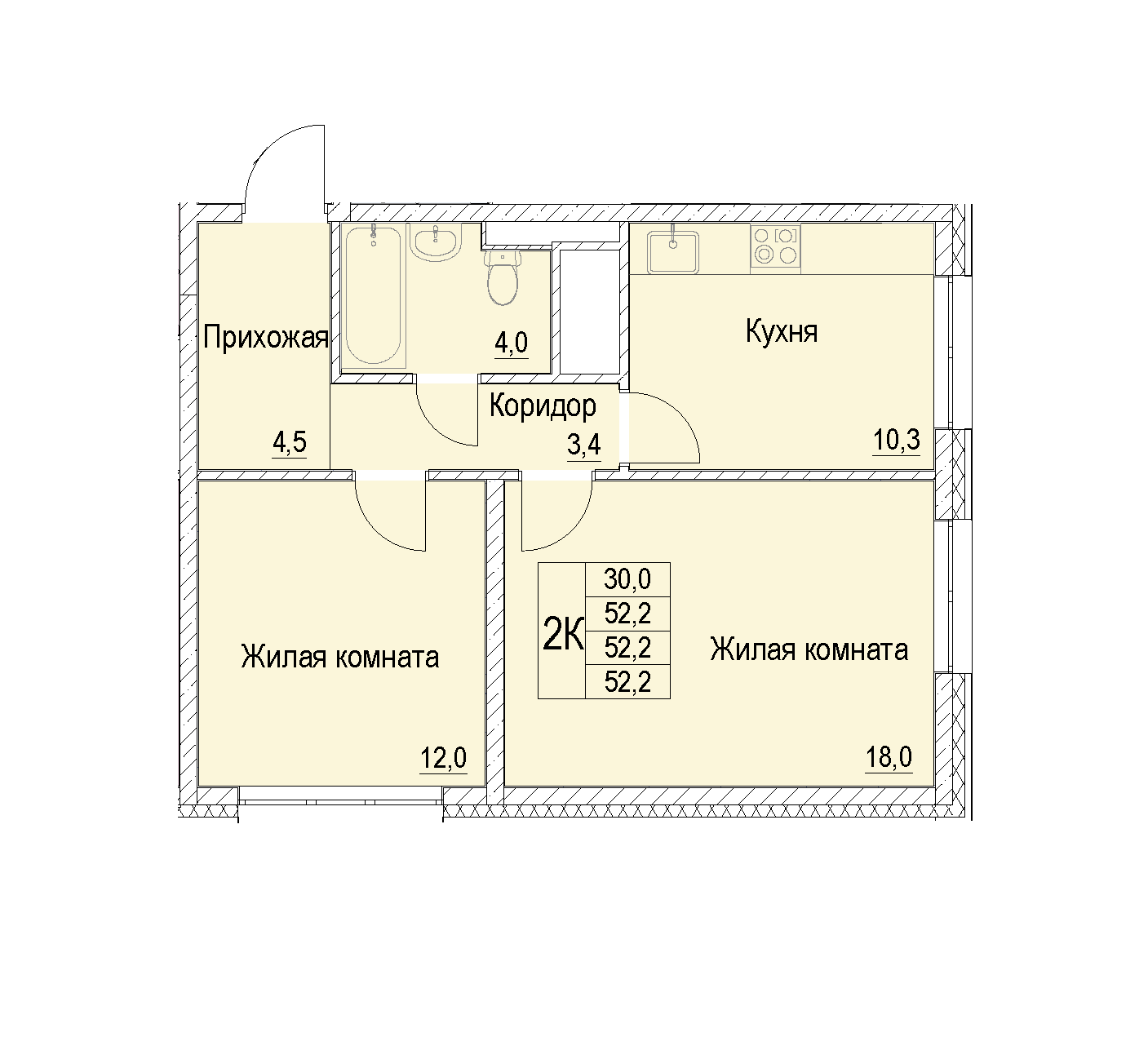 2 комн. квартира, 52.2 м², 22 этаж 