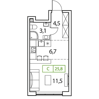 студия, 25.8 м², 15 этаж 