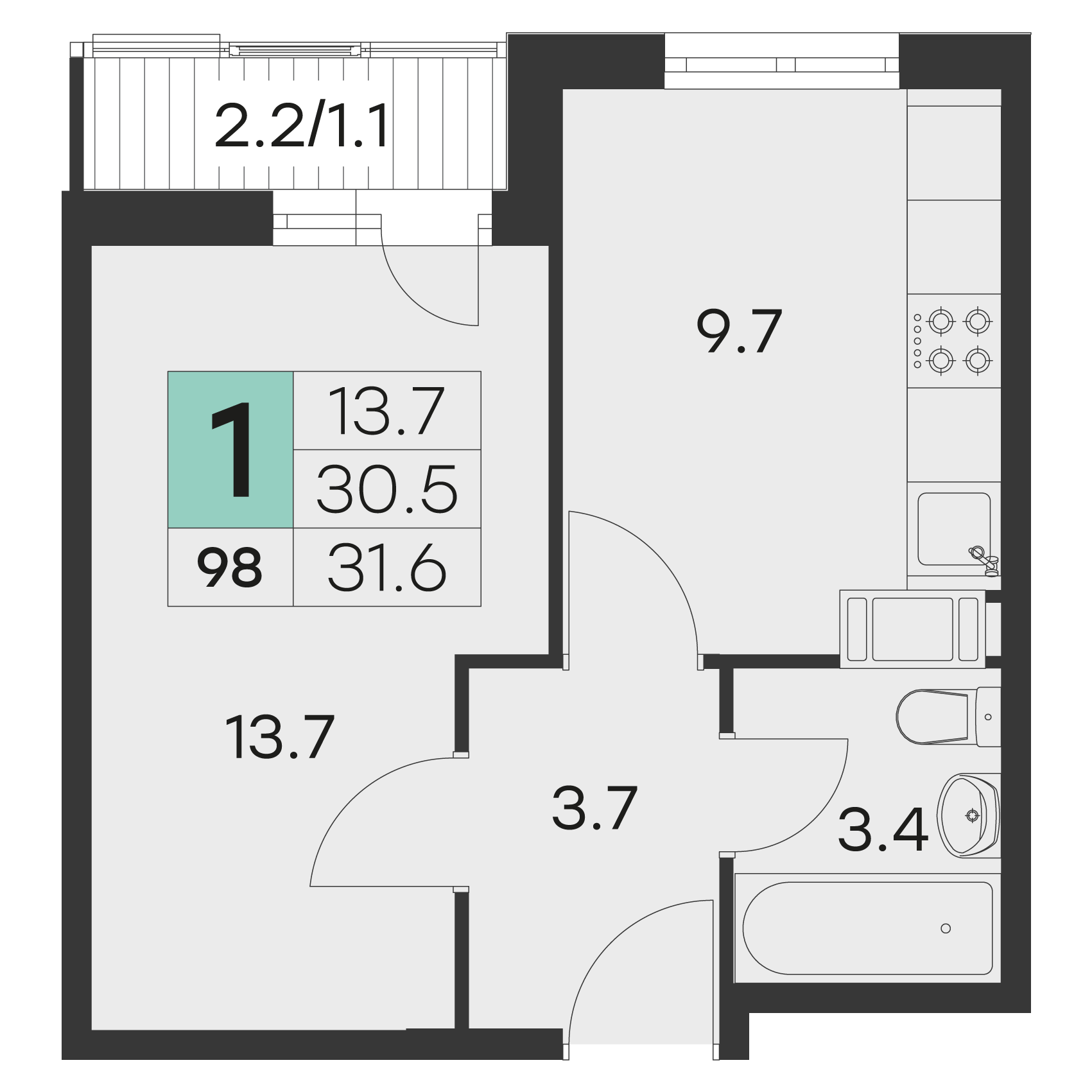 1 комн. квартира, 31.6 м², 8 этаж 