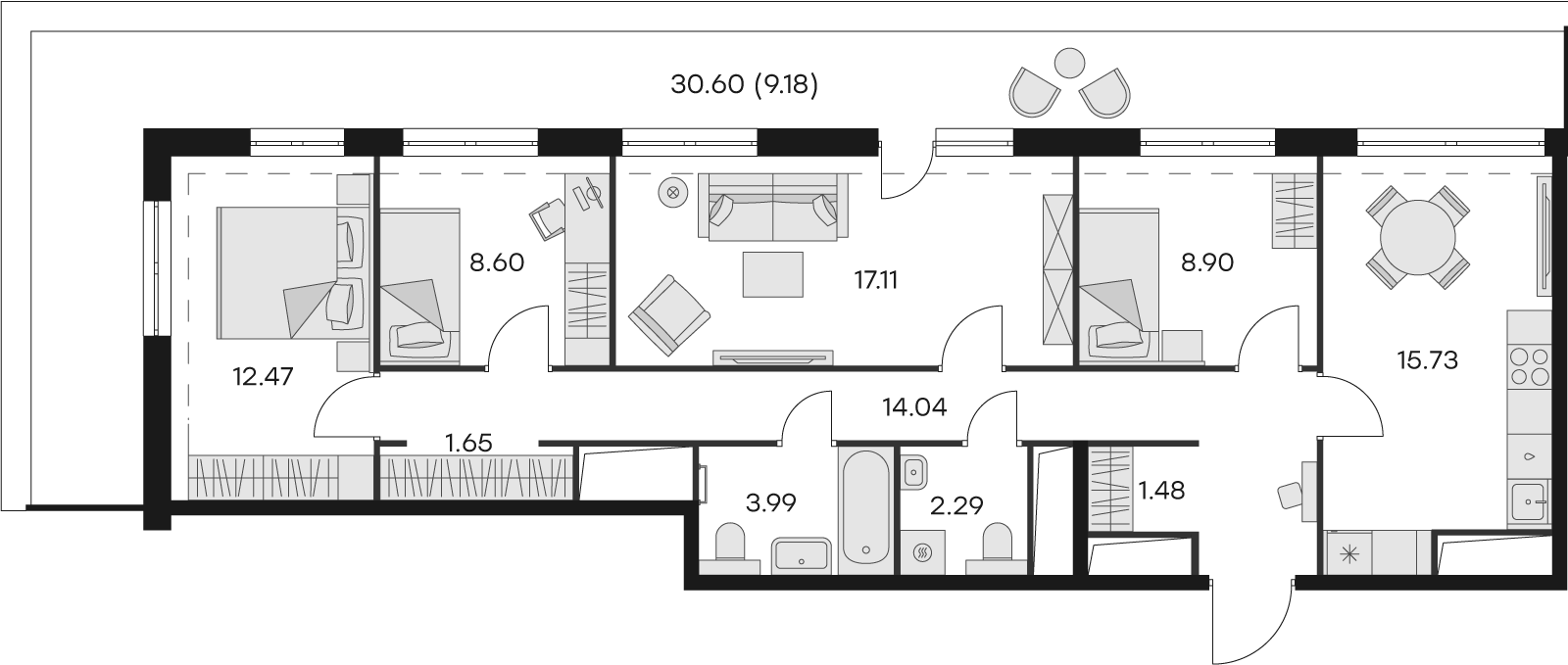 4 комн. квартира, 96.9 м², 14 этаж 