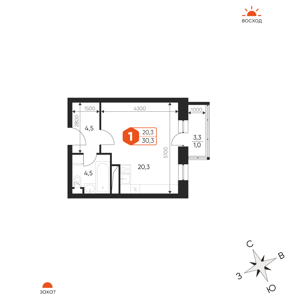 1 комн. квартира, 30.3 м², 13 этаж 