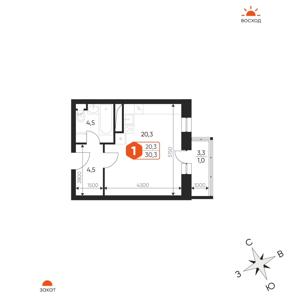 1 комн. квартира, 30.3 м², 13 этаж 
