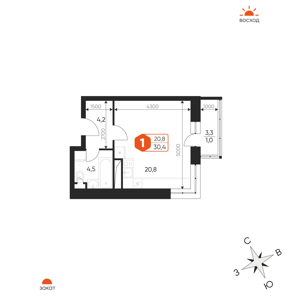 1 комн. квартира, 30.4 м², 13 этаж 