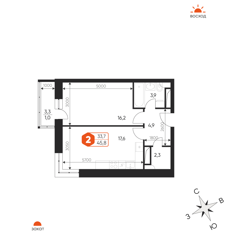 2 комн. квартира, 45.8 м², 3 этаж 