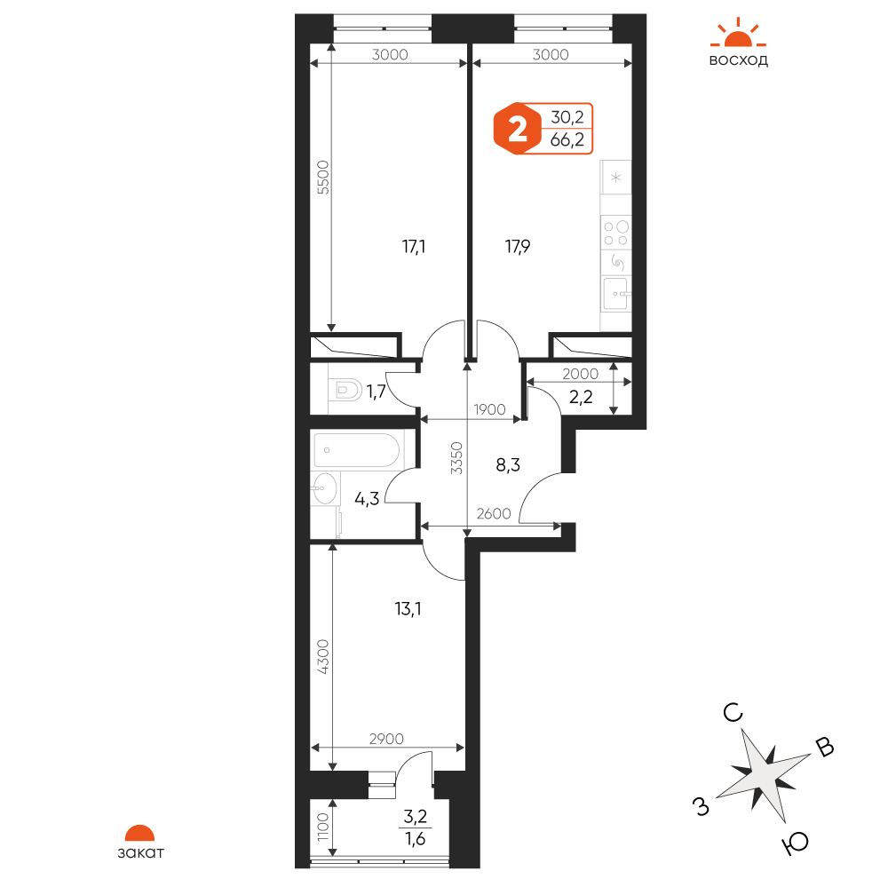 3 комн. квартира, 66.2 м², 17 этаж 