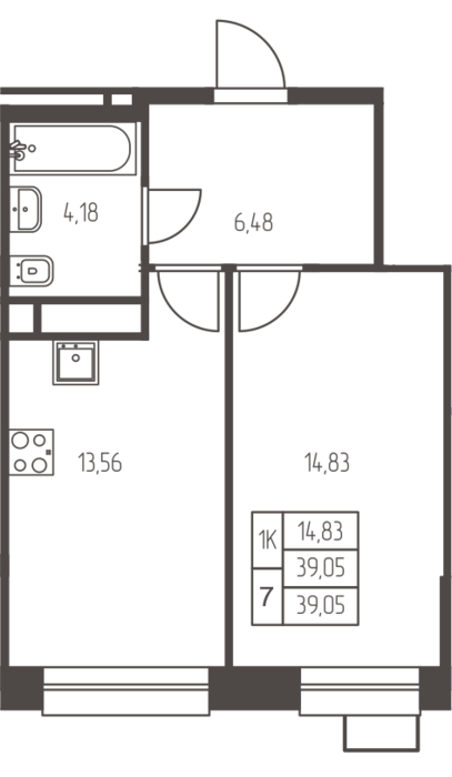 1 комн. квартира, 39 м², 9 этаж 