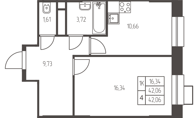 1 комн. квартира, 42.1 м², 3 этаж 