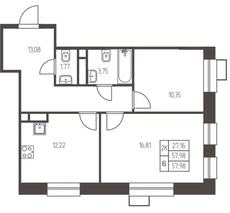 2 комн. квартира, 58 м², 7 этаж 