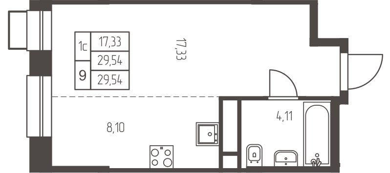 студия, 29.5 м², 15 этаж 