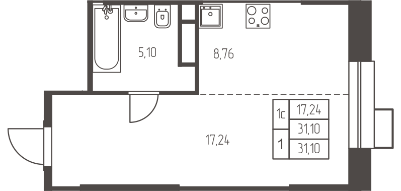 студия, 31.1 м², 9 этаж 