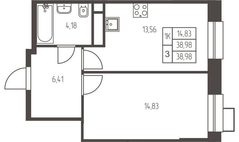 1 комн. квартира, 39 м², 8 этаж 