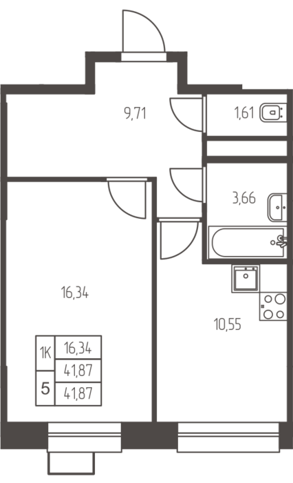 1 комн. квартира, 41.9 м², 8 этаж 