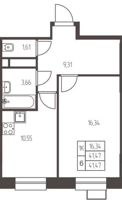 1 комн. квартира, 41.5 м², 11 этаж 