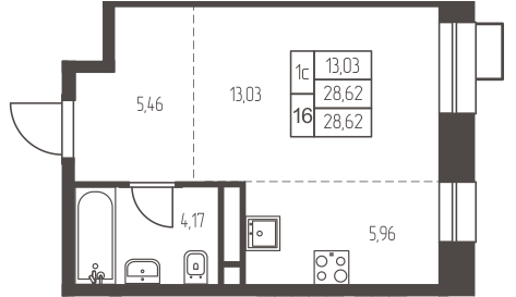 студия, 28.6 м², 11 этаж 
