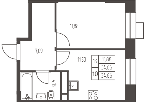 1 комн. квартира, 34.6 м², 2 этаж 
