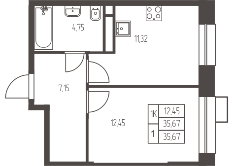 1 комн. квартира, 35.7 м², 2 этаж 