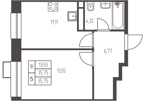 1 комн. квартира, 35.8 м², 2 этаж 