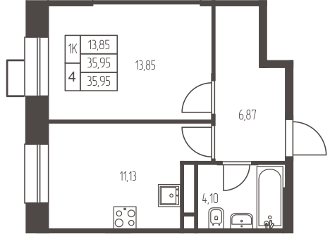 1 комн. квартира, 36 м², 2 этаж 