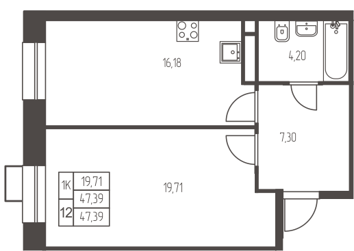 1 комн. квартира, 47.4 м², 4 этаж 