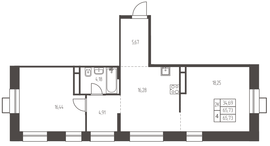 2 комн. квартира, 65.7 м², 2 этаж 