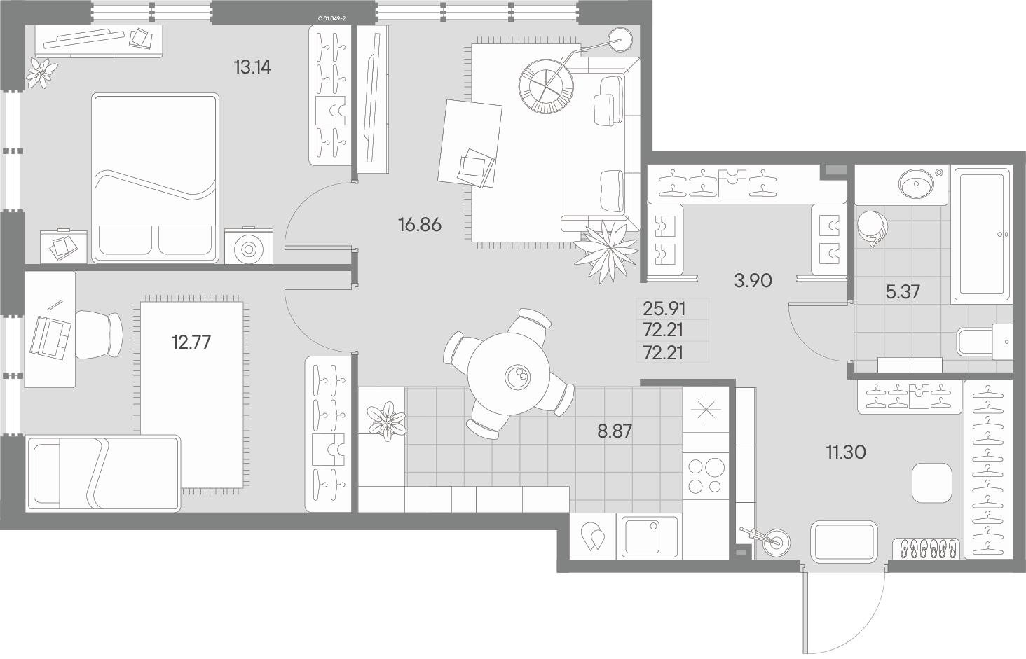 2 комн. квартира, 70.1 м², 1 этаж 