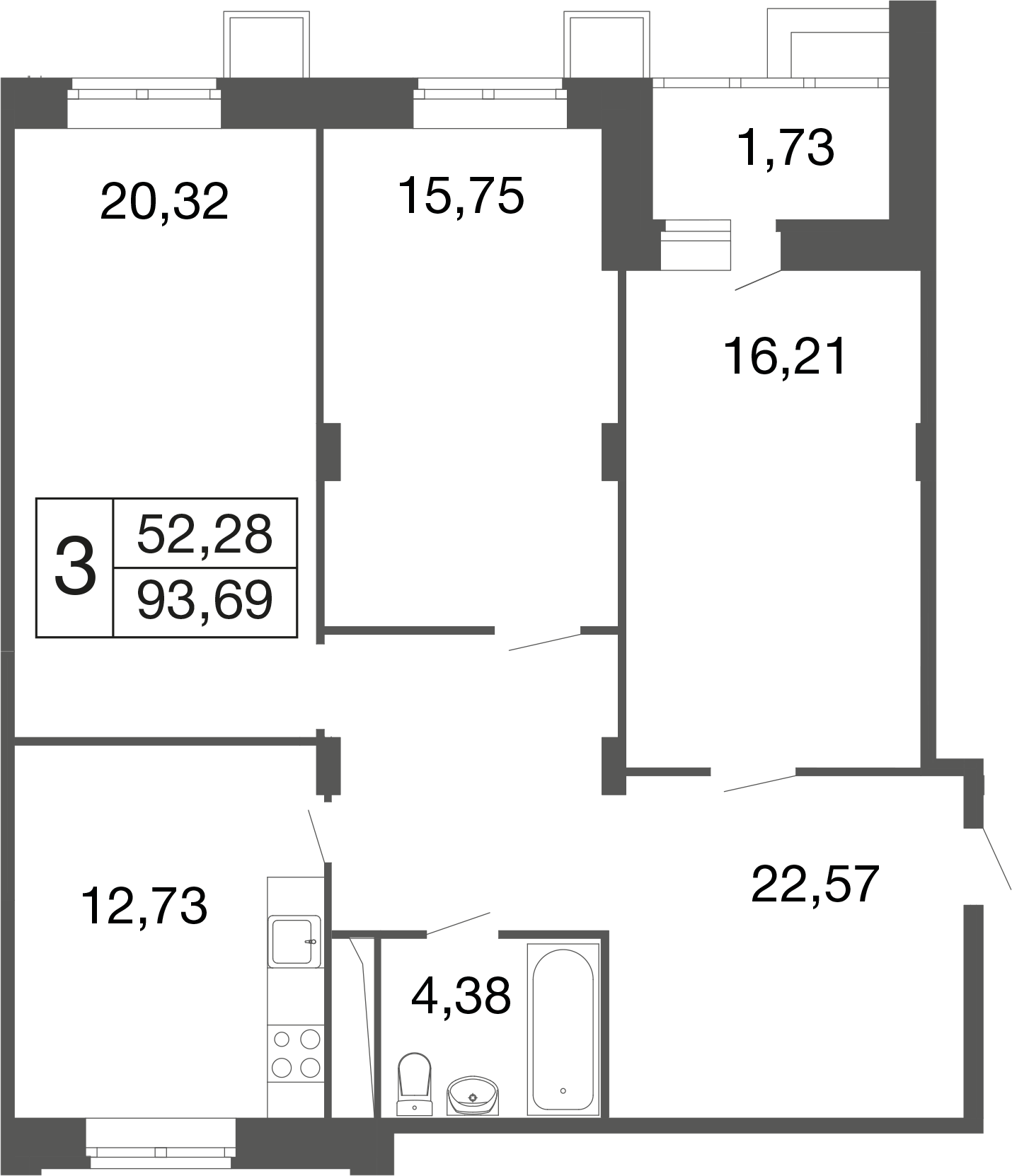 3 комн. квартира, 93.7 м², 1 этаж 