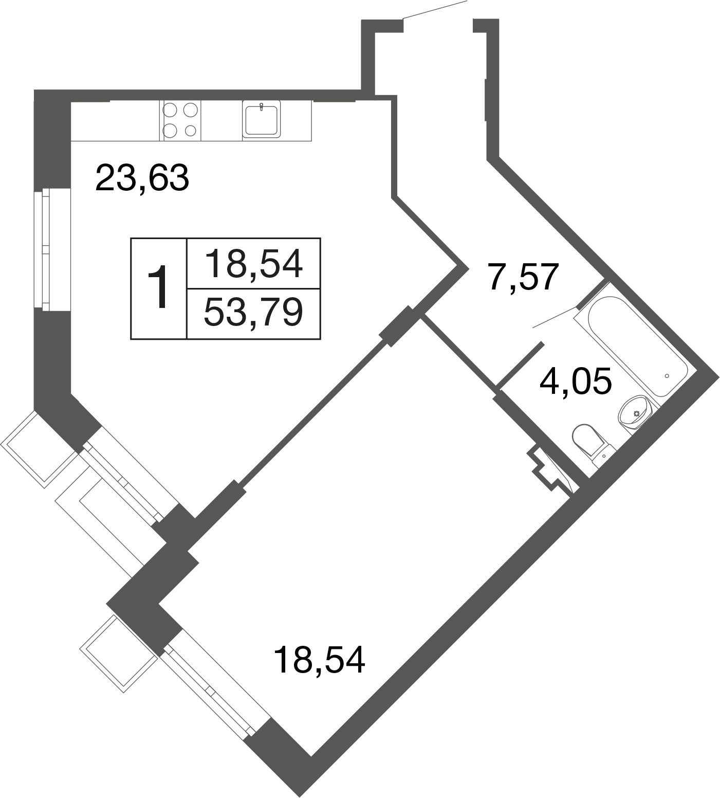 1 комн. квартира, 53.8 м², 1 этаж 