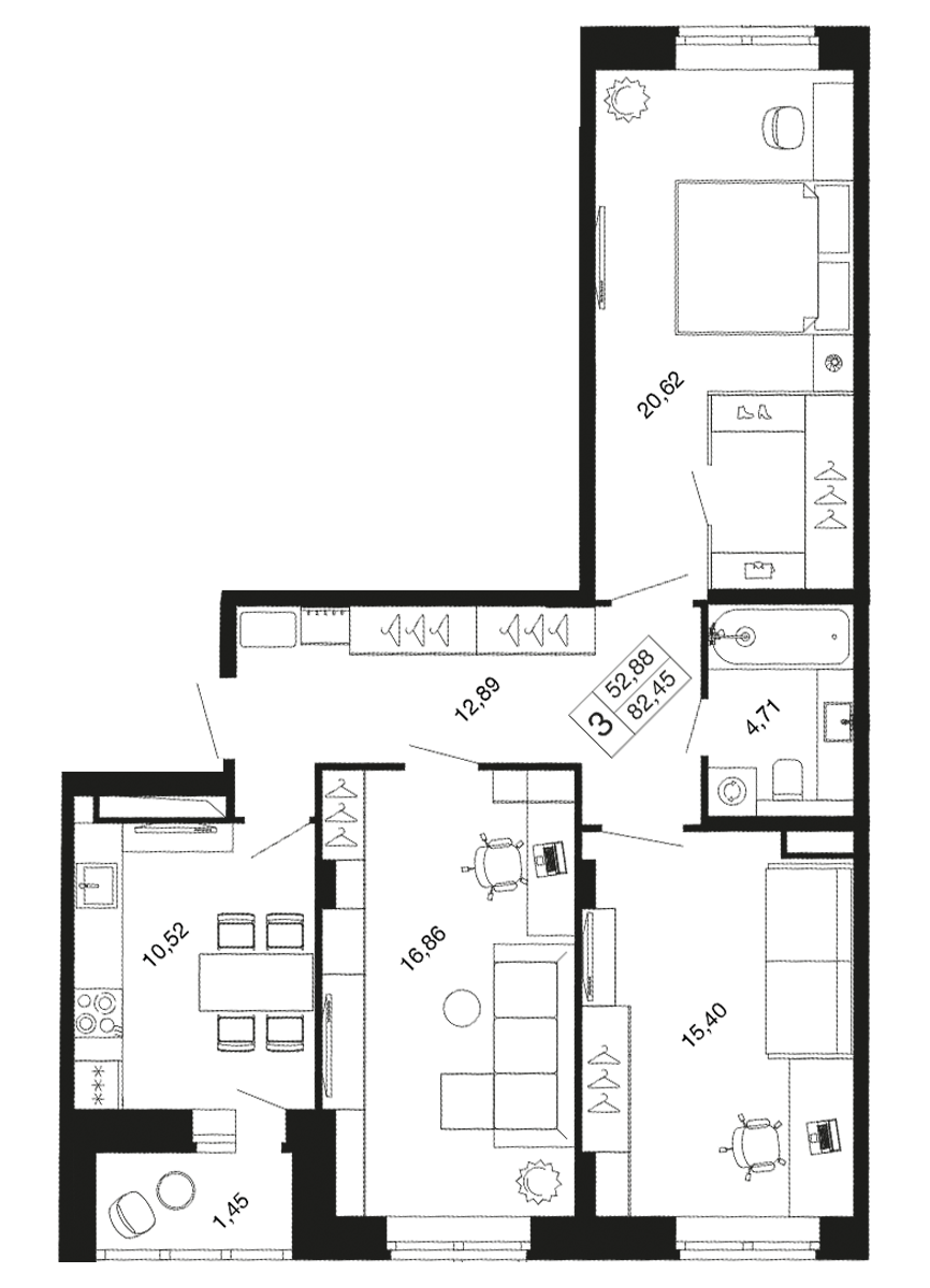 3 комн. квартира, 82.5 м², 2 этаж 