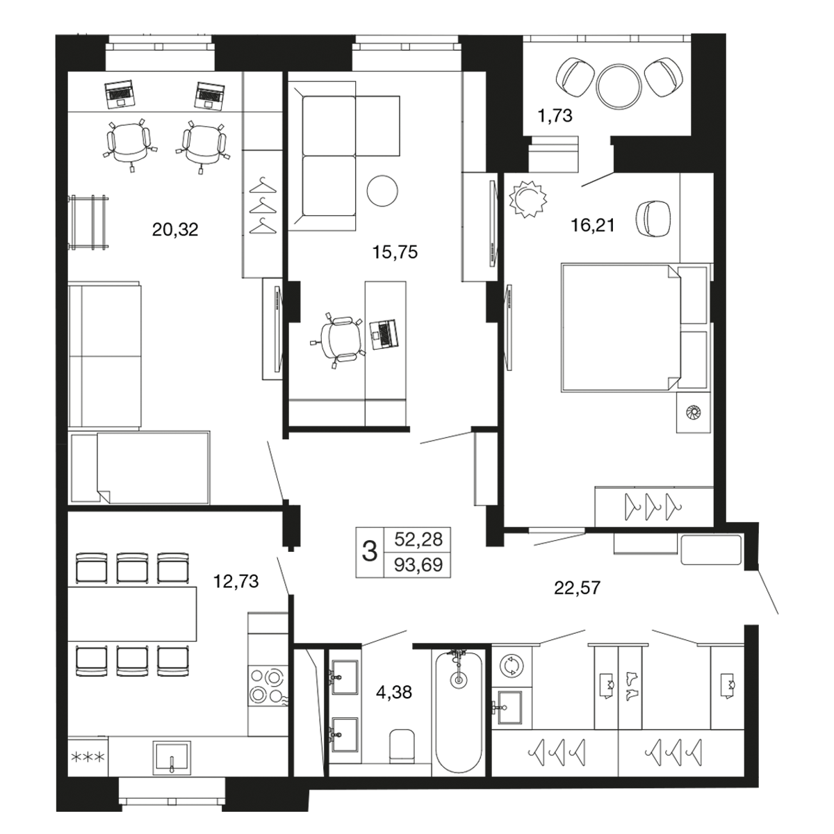 3 комн. квартира, 93.7 м², 4 этаж 