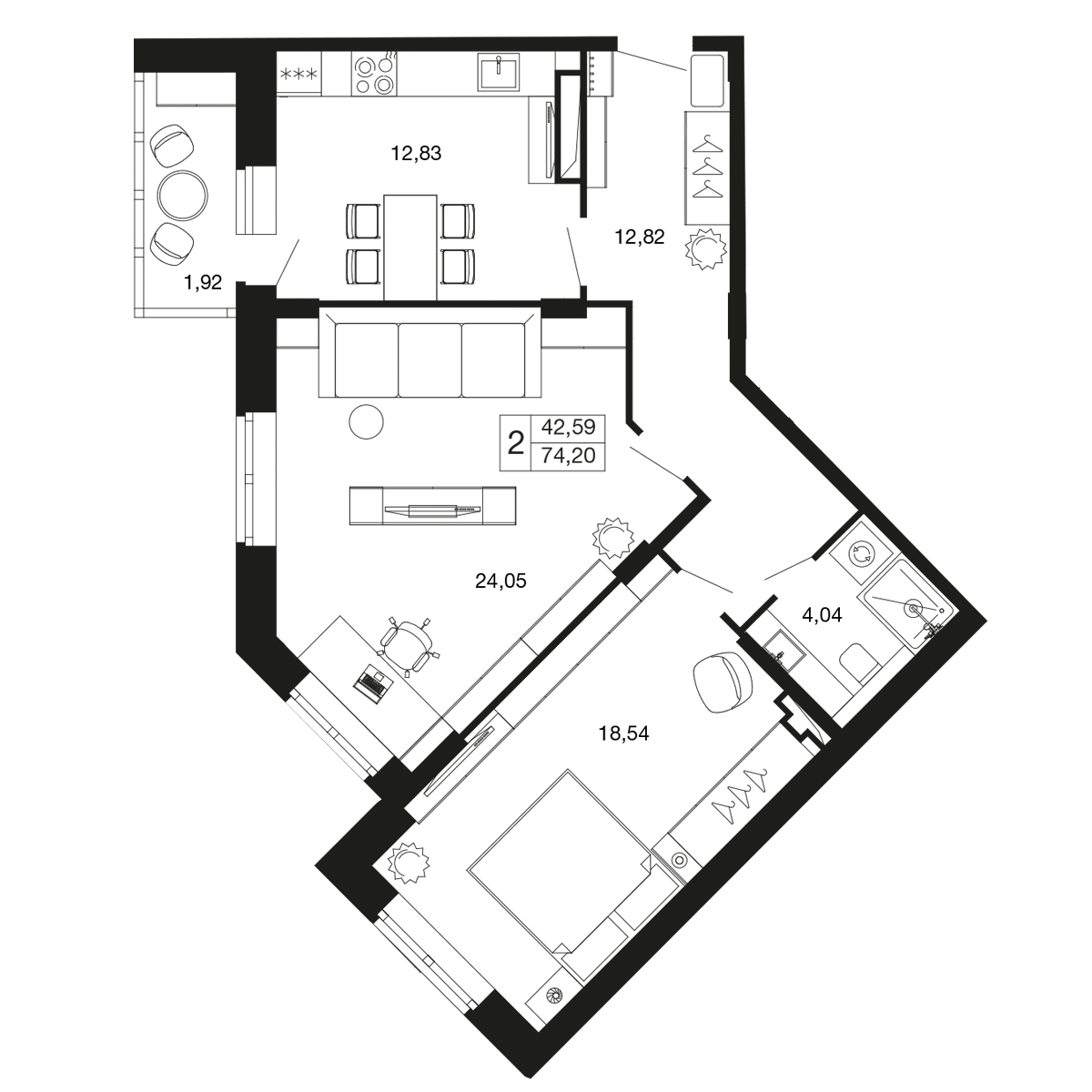 2 комн. квартира, 74.2 м², 4 этаж 