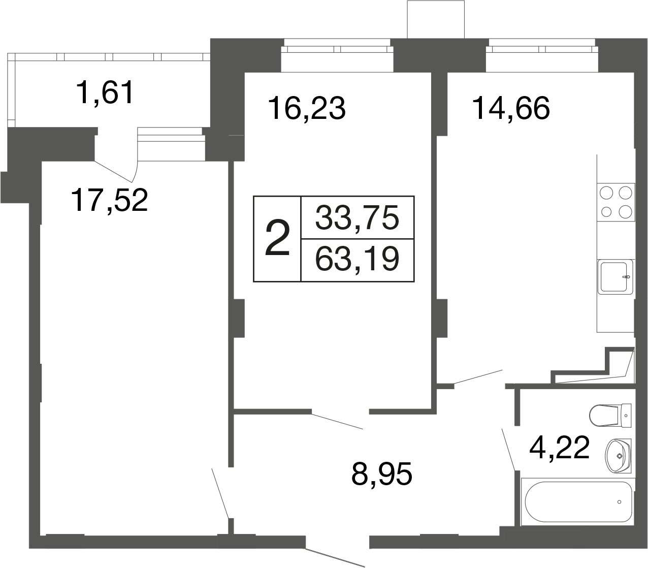2 комн. квартира, 63.2 м², 1 этаж 