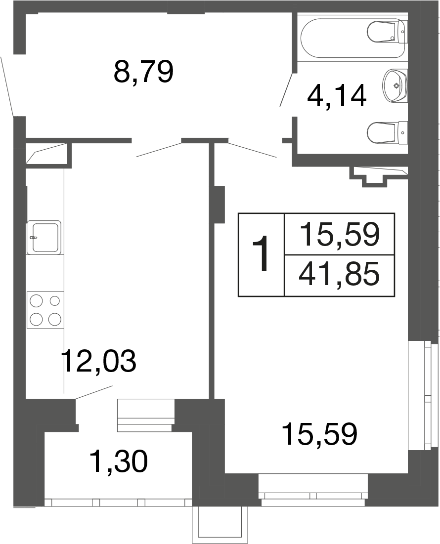 1 комн. квартира, 41.9 м², 1 этаж 