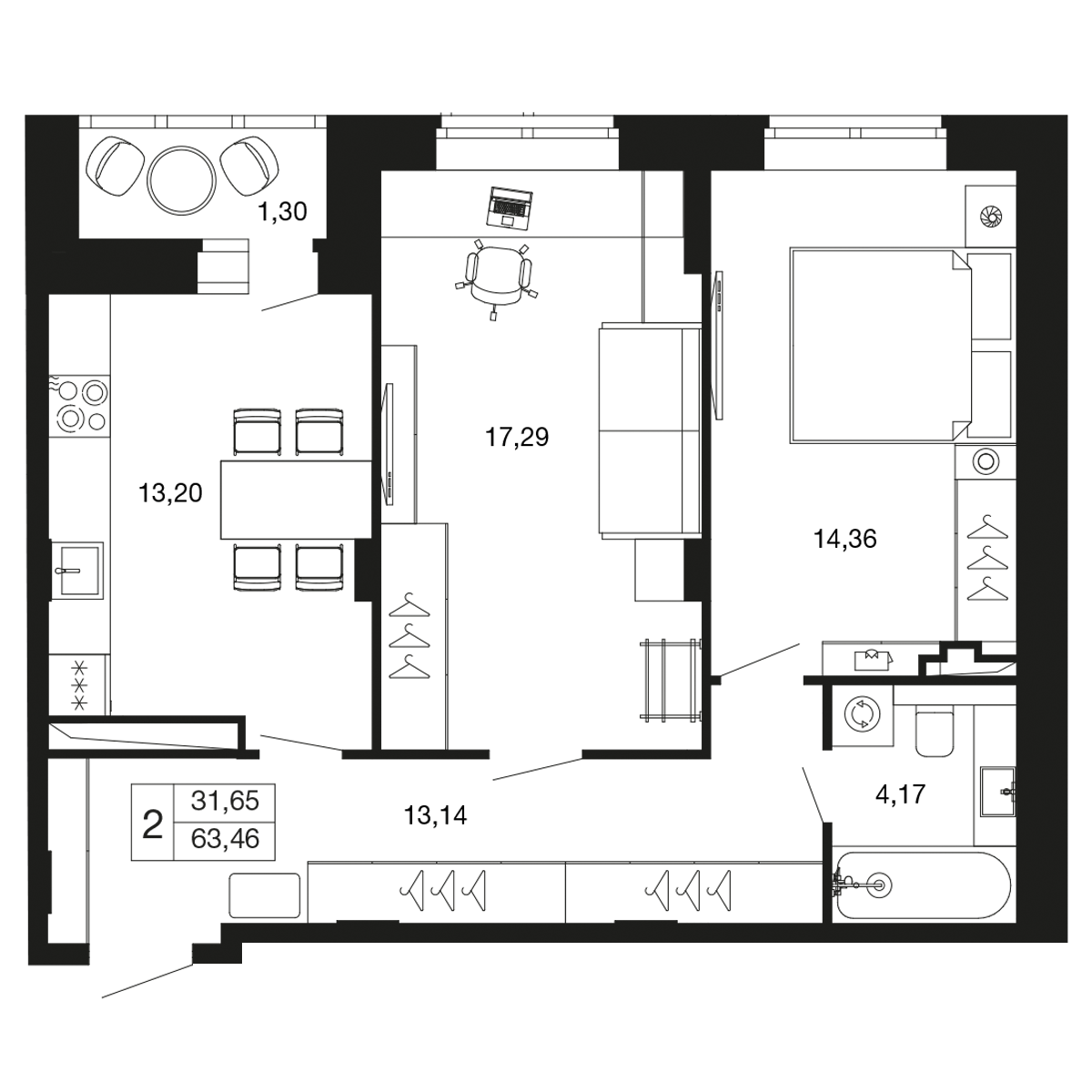 2 комн. квартира, 63.5 м², 4 этаж 