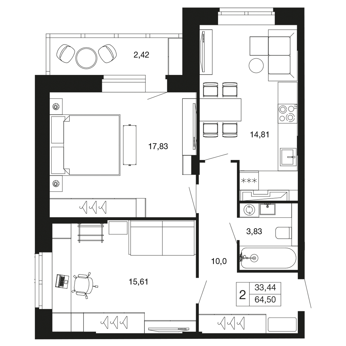 2 комн. квартира, 64.5 м², 2 этаж 