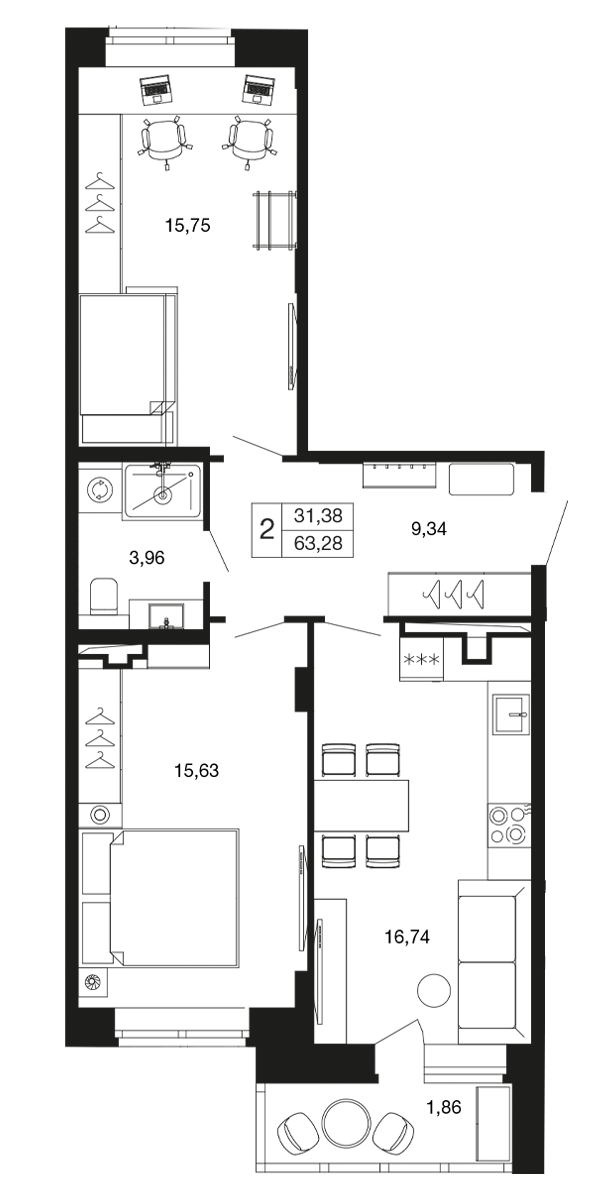 2 комн. квартира, 63.3 м², 2 этаж 