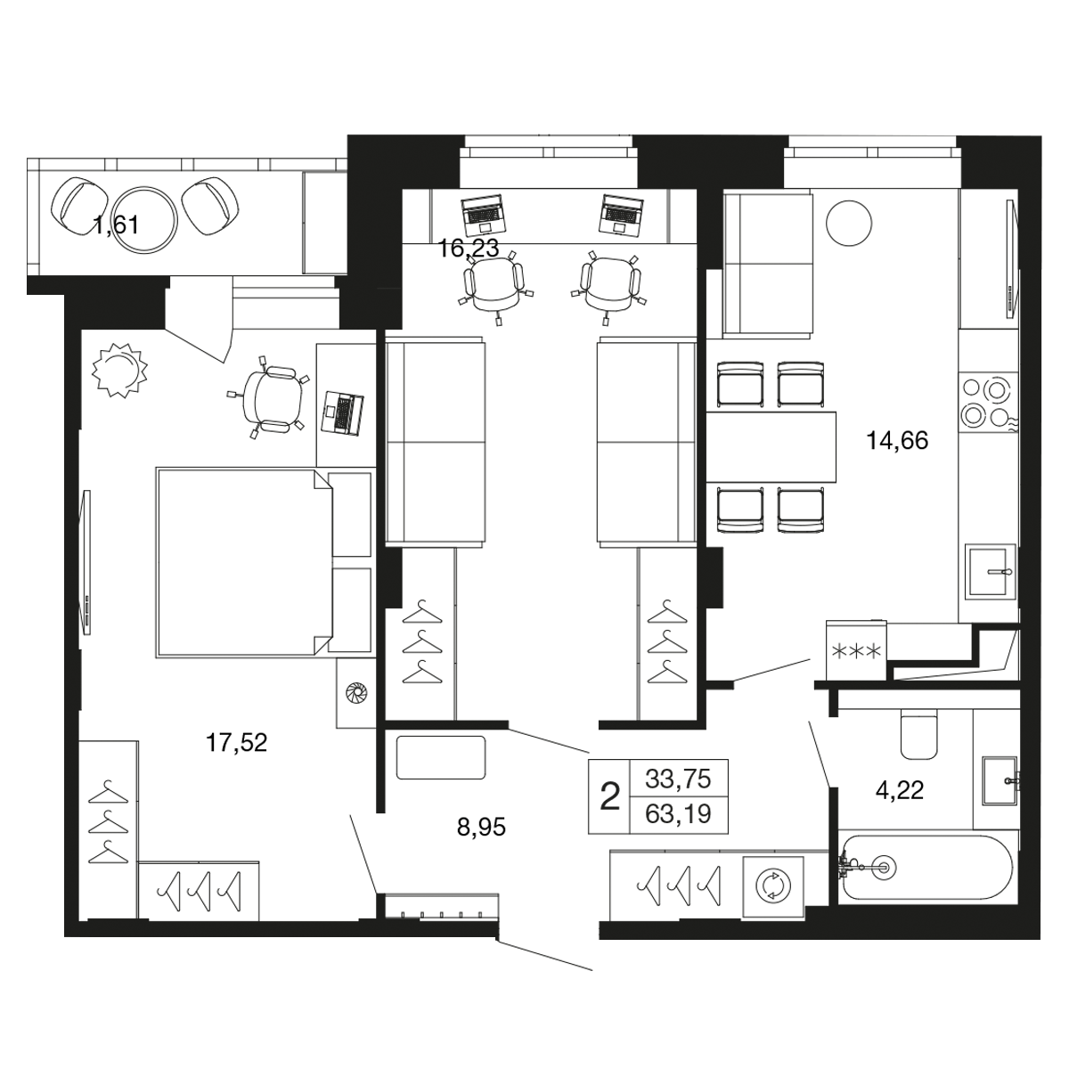 2 комн. квартира, 63.2 м², 2 этаж 