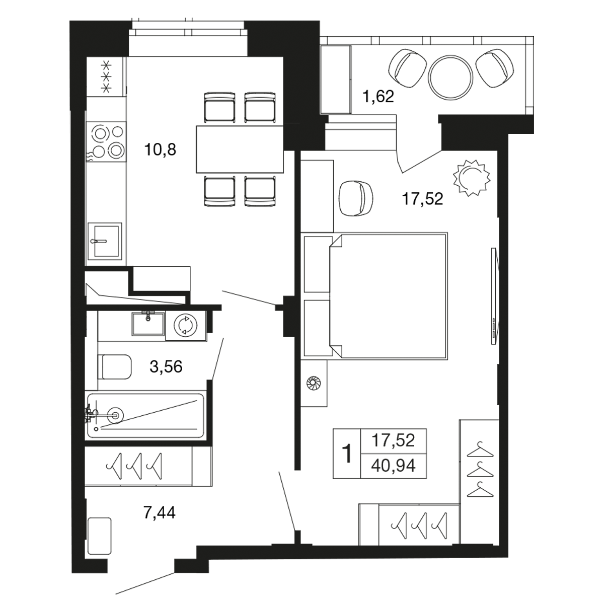 1 комн. квартира, 40.9 м², 2 этаж 